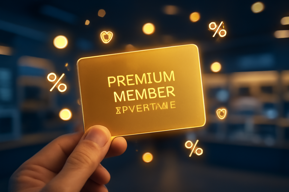 Close-up of a glowing golden premium member card held between fingers, surrounded by floating percent signs and heart icons—exclusive Edion membership perks, bonus discounts, and beloved long-term warranty benefits shining in a cozy store atmosphere  