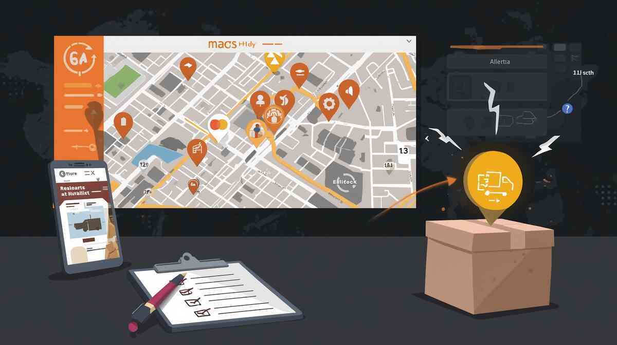Illustrated command center with a city map full of location pins on a big screen, smartphone showing an online shop, checklist clipboard, and a parcel marked with a delivery-truck icon—smart Black Friday logistics plan for tracking Edion stock, timing store pickups, and never missing a deal  