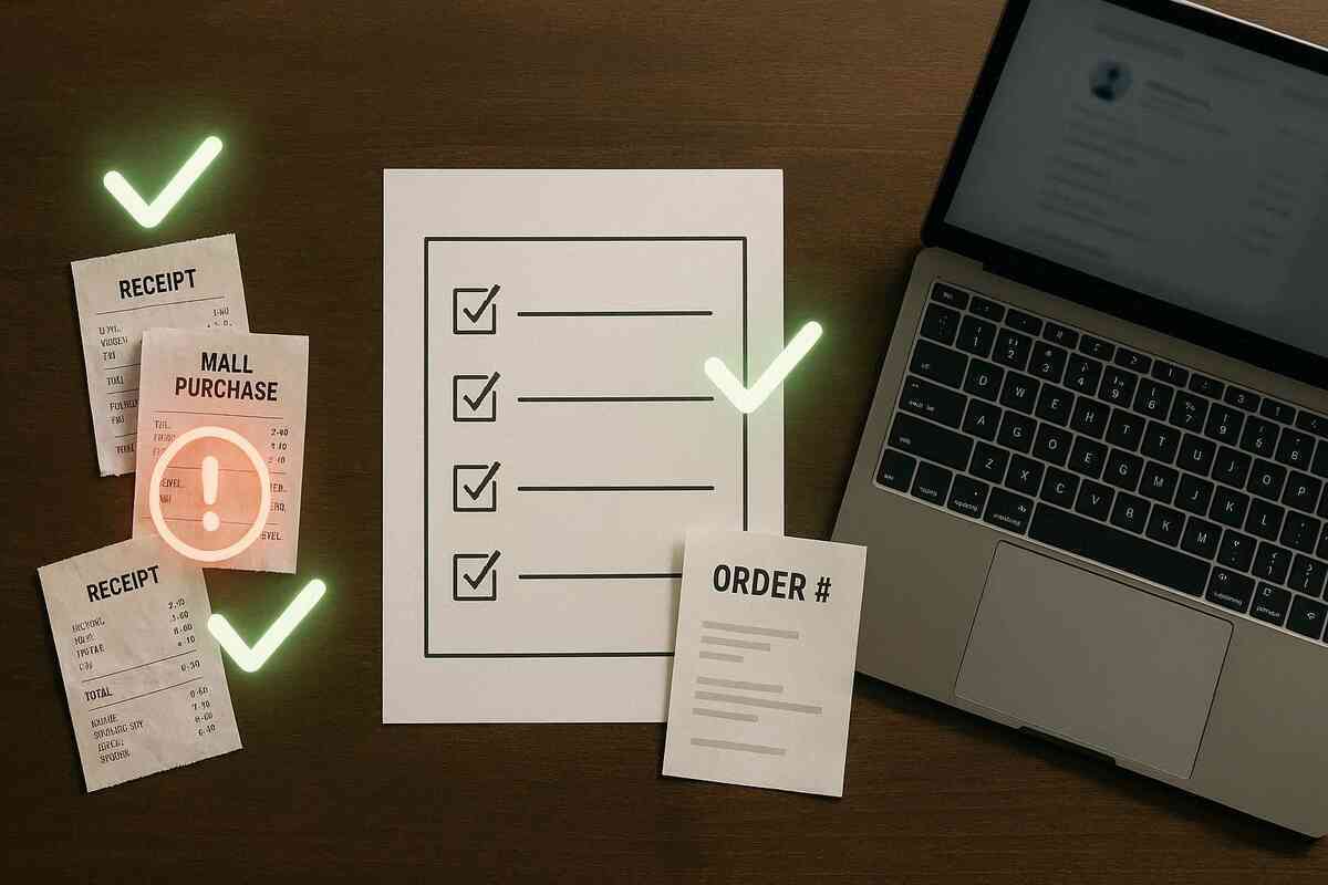 Desk with checklist, valid RECEIPT slips marked by green checkmarks and one “mall purchase” receipt glowing red—OCN抽選 purchase-history rules, what counts and what disqualifies you, calm but high-stakes verification mood