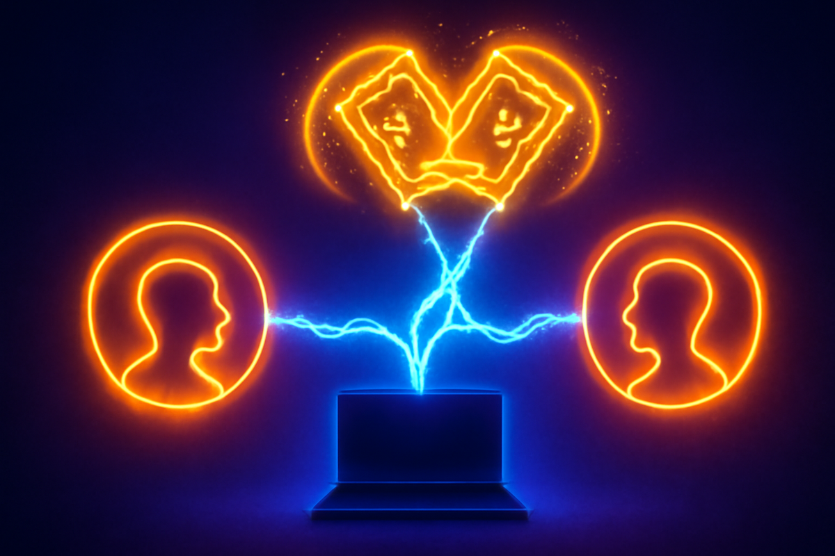Neon silhouettes of two profiles linked by electric blue lines through a laptop, twin glowing tickets forming a heart shape above—gooID × dアカウント connection boosting OCN Switch2抽選 odds, charged collaboration magic