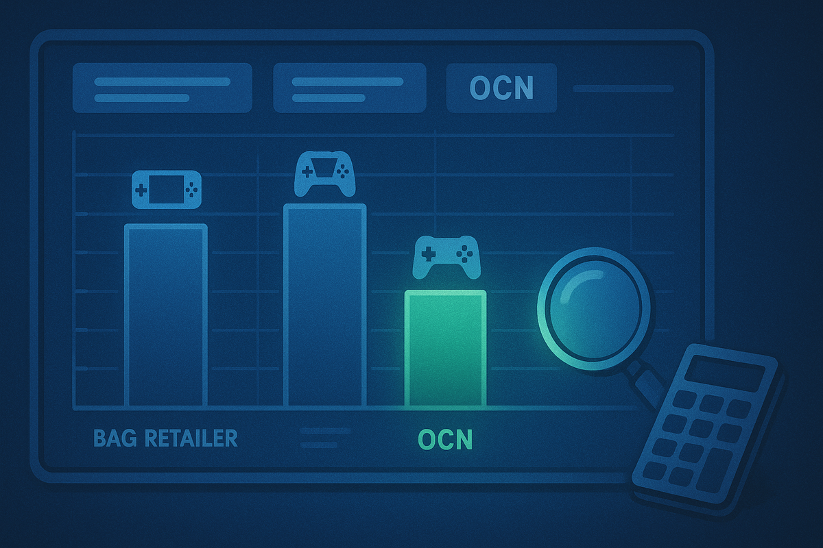 Dark analytics dashboard with bar chart comparing big retailers vs OCN, OCN bar highlighted in green with a magnifying glass and calculator—data-driven proof that OCN lottery odds are secretly lower competition, cool strategic vibe