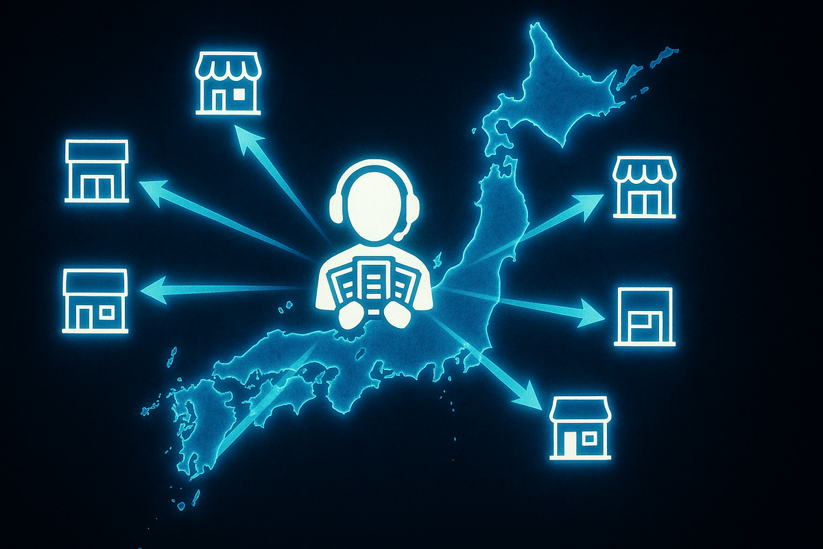 Bright cyber map of Japan with a headset agent icon in the center dispatching arrows toward multiple store icons—nationwide Switch2抽選 and販売 information hub, one call center view orchestrating all options, reassuring guidance energy