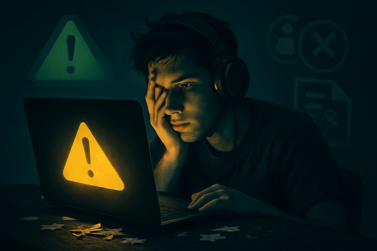 Exhausted gamer in headphones staring at a laptop glowing with a warning triangle—OCN Switch2抽選 mistake and失格パターンに落ち込む瞬間、late-night regret, learn-from-failure emotional tension