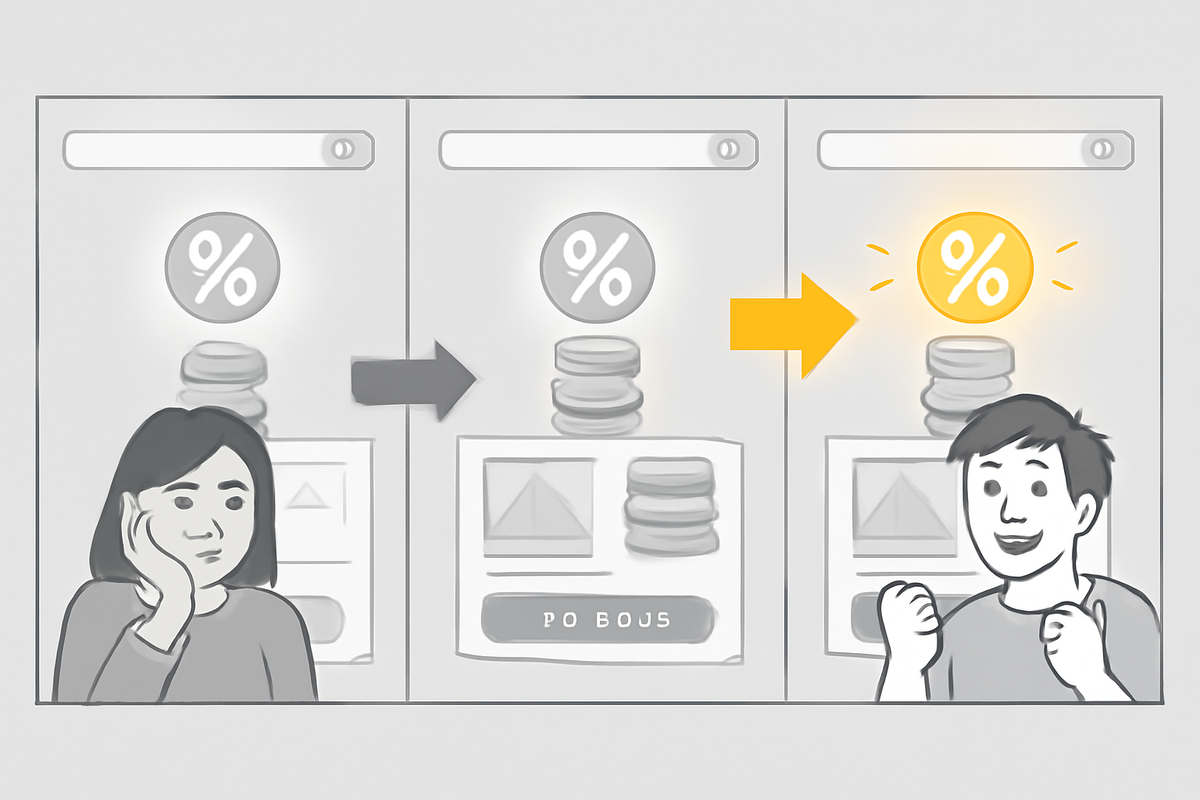 Three-panel online shopping comparison—bored shopper stuck on weak points deal, arrow pointing to a smiling saver under a glowing bonus icon—emotional before/after moment of finding the best cashback campaign  