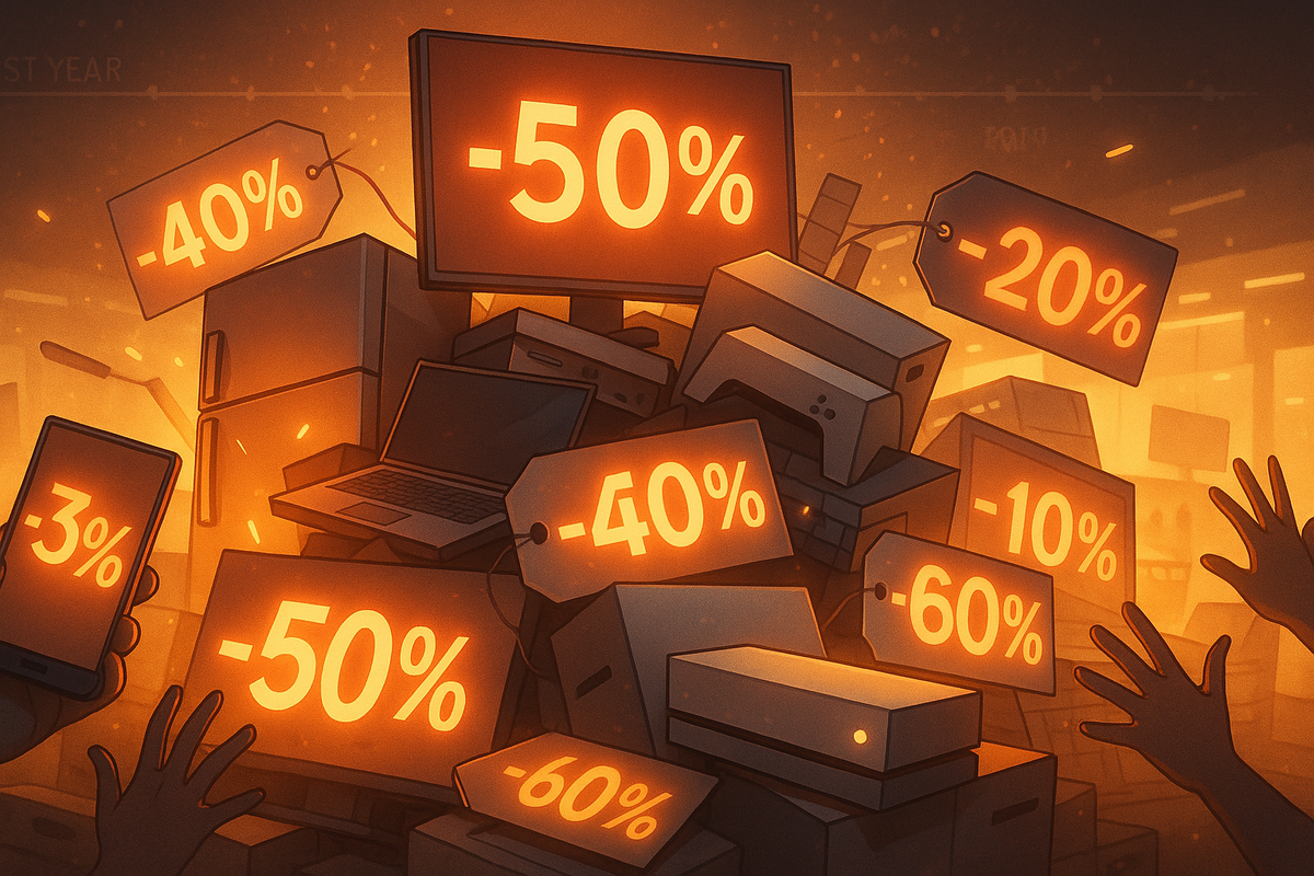 Mountain of TVs, laptops, fridges and consoles buried in fiery -50%, -40%, -60% discount tags—hands reaching from every side—chaotic, thrilling Black Friday battlefield for home electronics bargains  