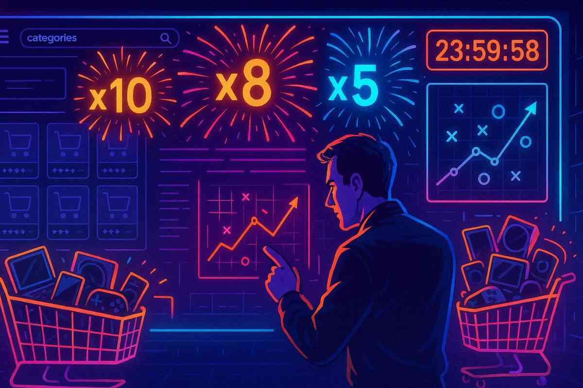 Neon “strategy room” screen at night—shopper analyzing x10, x8, x5 point multipliers, fireworks over charts, and a 23:59:58 timer—game-like excitement of planning a perfect Black Friday points strategy before time runs out  