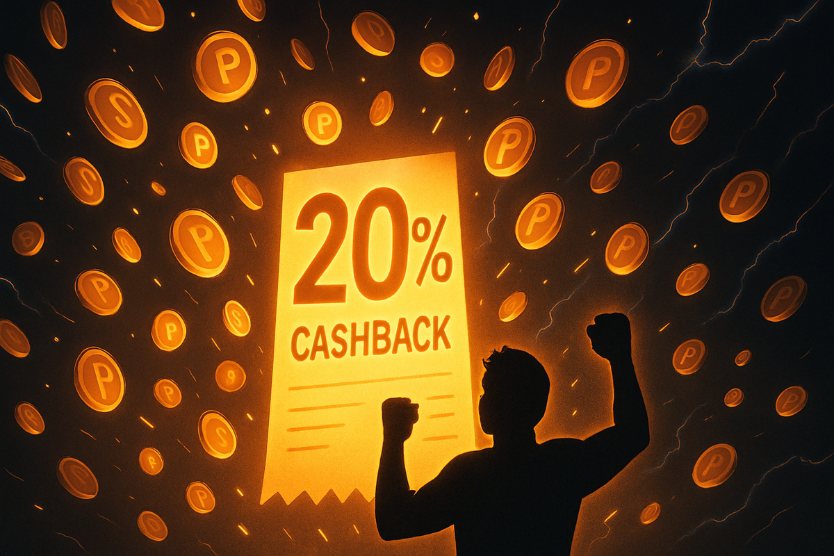 Silhouette throwing fists in the air beneath a glowing 20% cashback receipt and a storm of reward coins—electrifying joy, thunderous sense of winning a huge points refund on a big purchase  