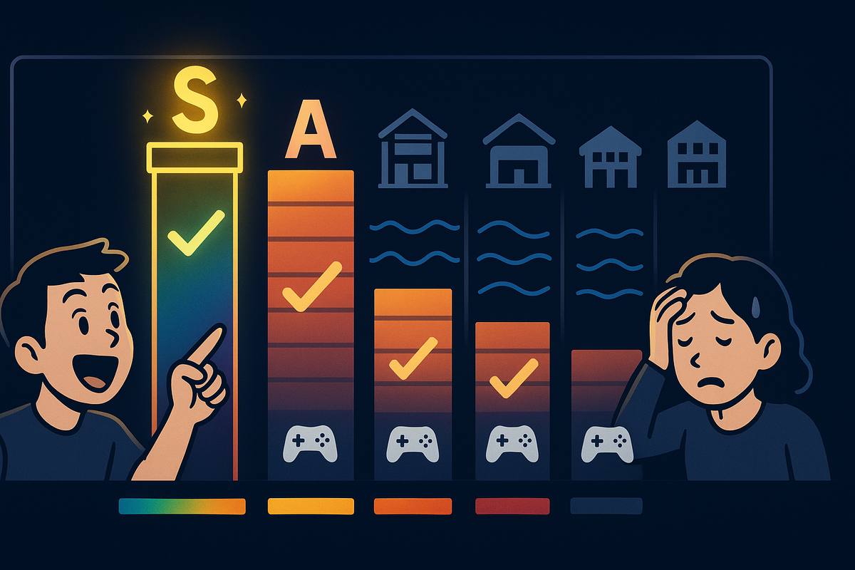 Cute tier chart with S-rank and A-rank bars, gamepad icons and different store silhouettes, happy gamer pointing to the easiest shop while another holds their head in confusion—emotional difficulty ranking of retailers for buying a Switch2 at a glance  