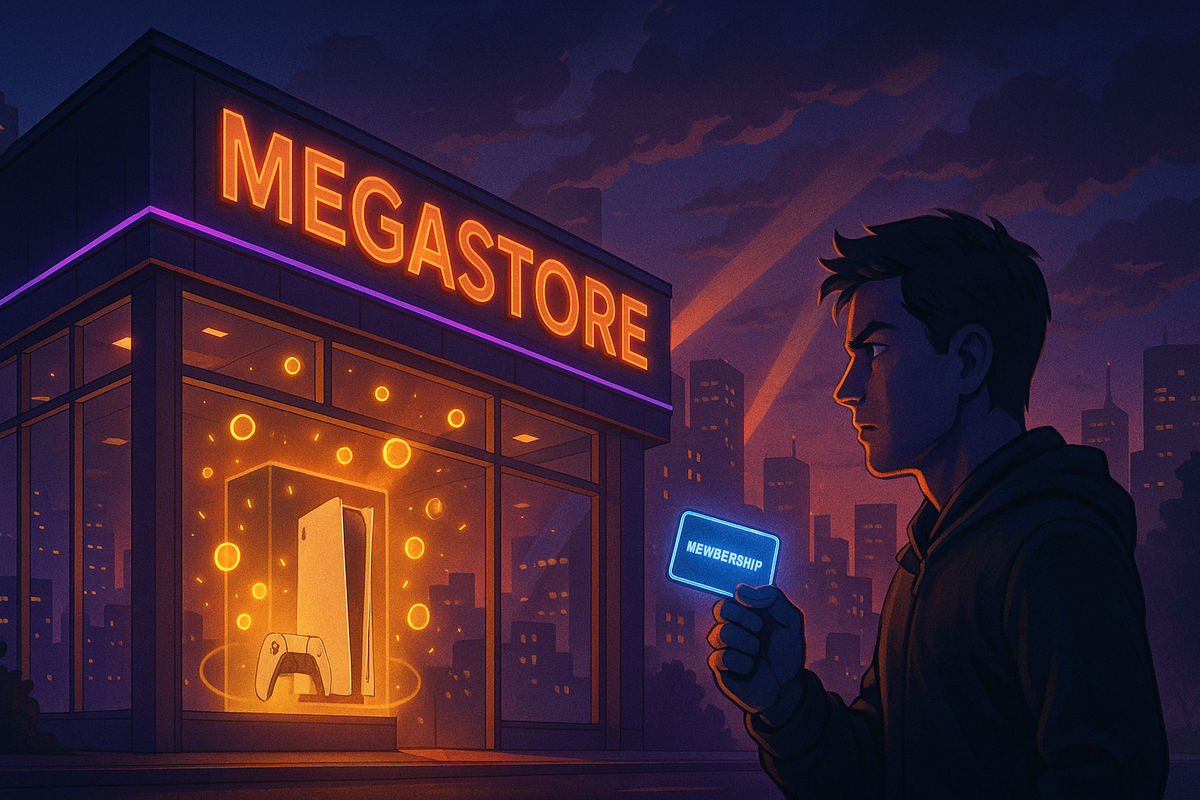 Night city megastore with a halo-lit next-gen console in the showcase, lone gamer outside gripping a blue membership card, sky glowing with hopeful lines—dramatic moment of “if I meet the conditions, that Switch2 is finally mine”  