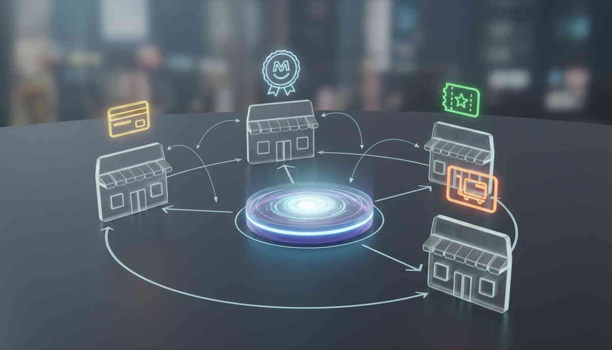 Futuristic round table with hologram mini-shops circling a glowing hub, icons for credit card, membership badge, coupon and console floating above—strategic map of multiple chains and purchase conditions, smart pathfinding to the easiest Switch2 deal  