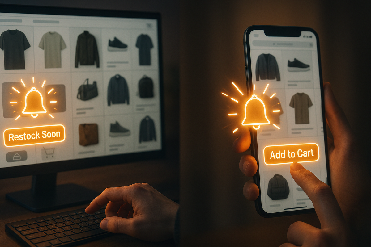 Desktop and smartphone showing online shop grids, neon restock bell and add-to-cart button pulsing under the fingertips, late-night Switch2 restock hunt with hopeful, intense “don’t miss this drop” mood 