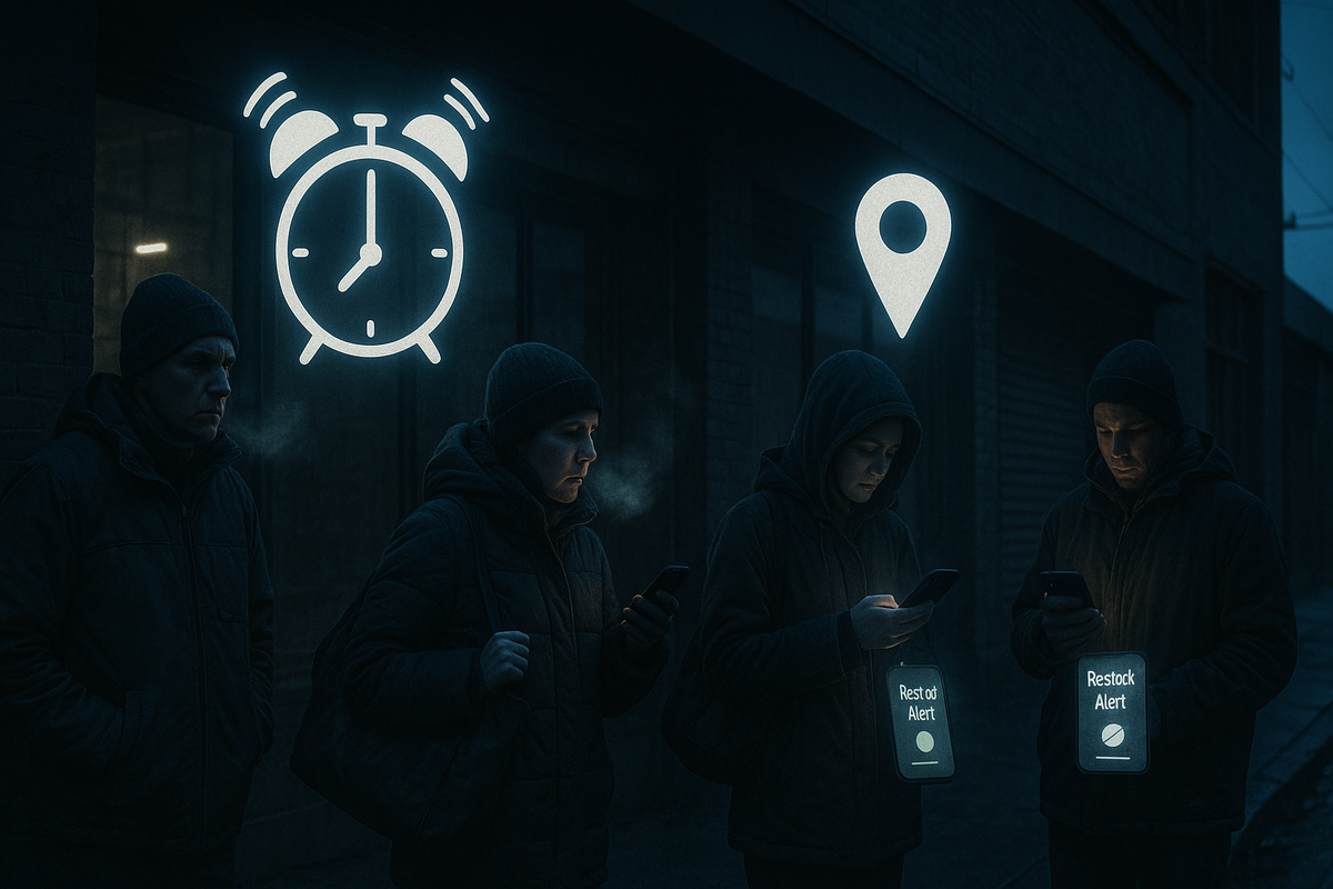 Same bundled-up shopper multiplied along a dark freezing street at dawn, glowing alarm clock and map pin icons above, phones lit with “restock alert,” moody determined march to secure a surprise Switch2 store drop 