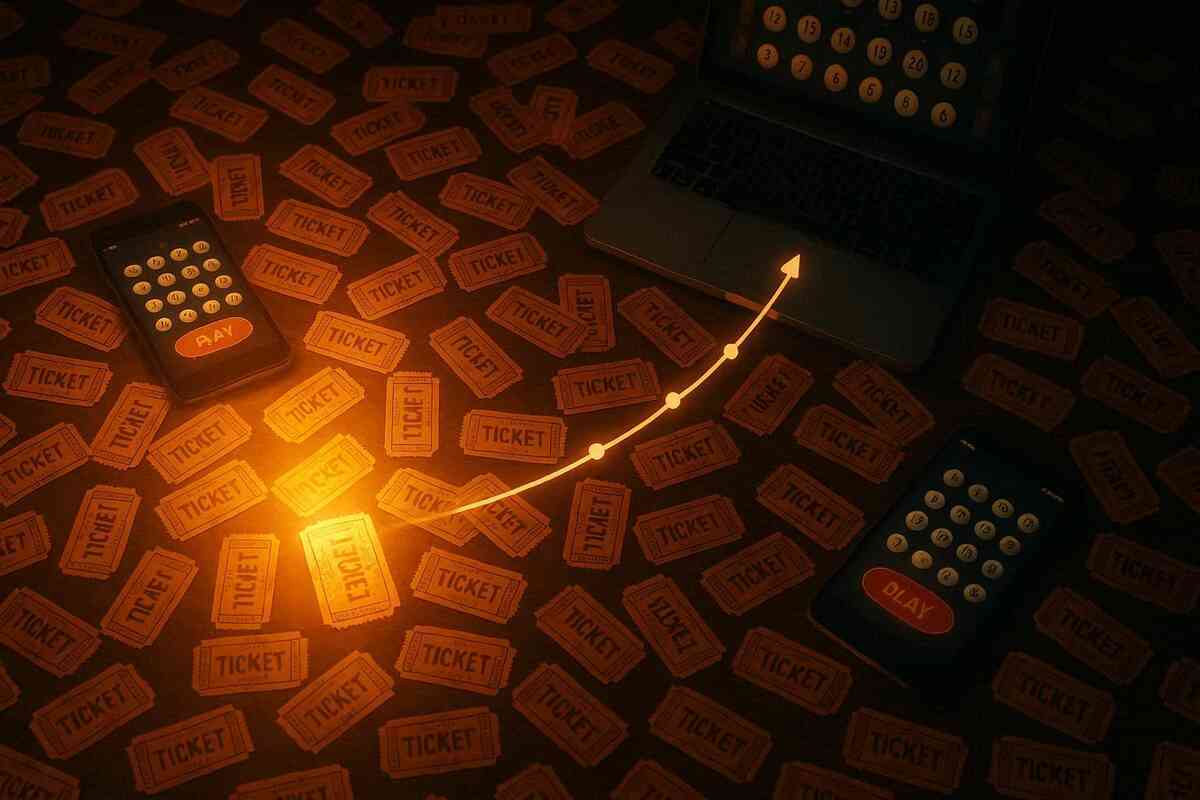 Table carpeted in orange lottery tickets and smartphones, one ticket glowing as a bright curve graph shoots upward, dramatic visualization of boosting Switch2 raffle odds with many entries, hopeful near-win tension 