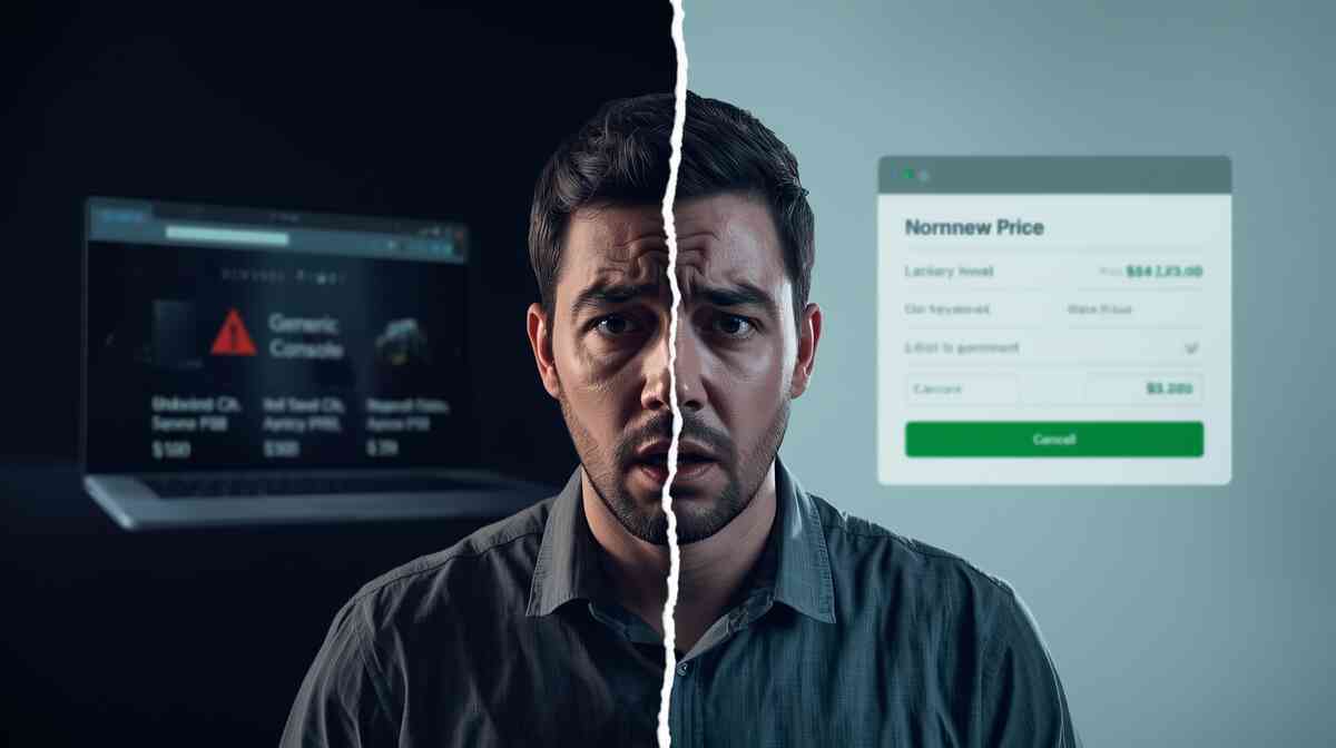 Split-screen portrait of an anxious buyer, torn between a shady dark scammy console website and a calm bright normal-price checkout, intense emotional dilemma over paying reseller prices or trusting safe official Switch2 stock 