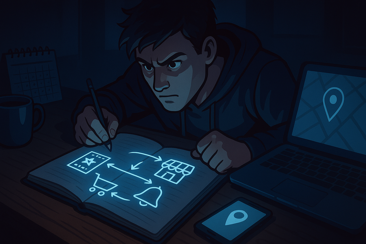 Determined night-owl gamer leaning over a glowing strategy notebook, sketching arrows between app, cart, bell, and store icons, laptop map and smartphone beside him—intense focus, gritty “I will crack this stock puzzle” energy for hunting a console at list price 