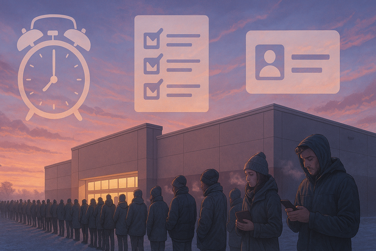 Endless dawn queue wrapping around an unbranded electronics store, breath steaming in the cold, huge transparent icons of alarm clock, checklist, and ID card floating in the sunrise sky—quiet camaraderie, patience, and nervous hope before doors open for limited in-store units 