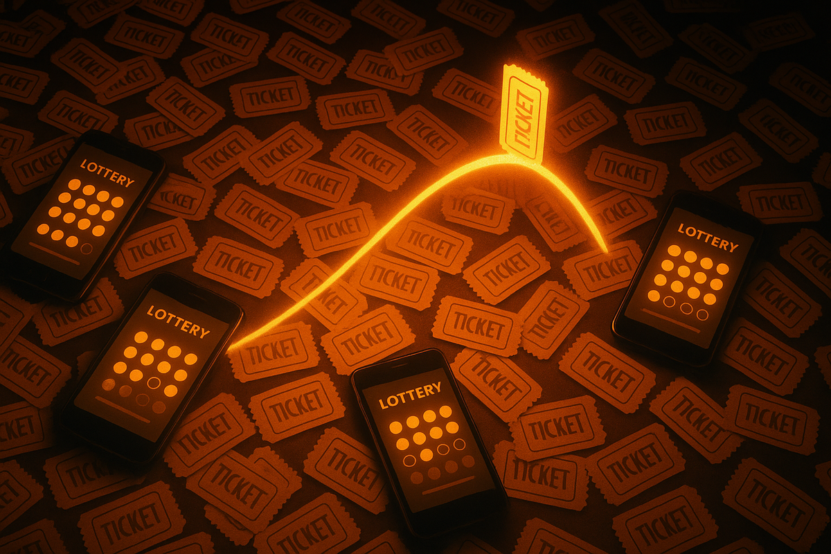 Sea of orange lottery tickets and smartphones showing LOTTERY screens, one radiant ticket shooting upward along a glowing probability curve—thrilling surge of “this could be my win” emotion, visualizing stacked entries and rising odds to finally secure the console 