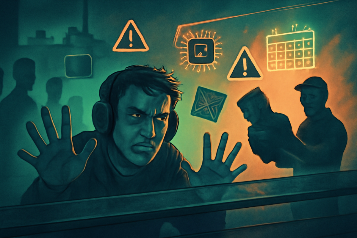 Frustrated gamer pressed against a hazy glass wall, warning triangles, chip shortage icon, and calendar glowing above shadowy figures carrying boxes away—moody teal-orange atmosphere of global supply crunch, FOMO, and simmering anger at never-ending sold-out signs 
