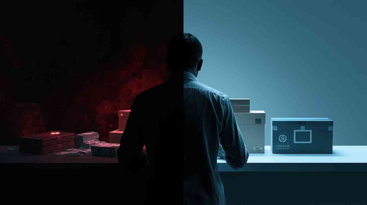 Laptop and smartphone in a midnight room, both showing abstract shopping-app grids while glowing arrows split into different routes—visual flow of online stores, points and coupons guiding you toward the smartest, cheapest purchase path 