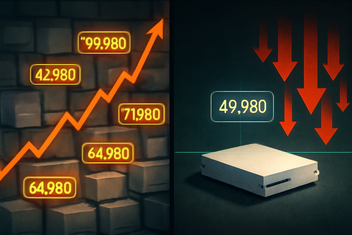 Split scene: left wall of bricks covered in overheated resale prices and a jagged orange line rocketing upward, right side calm white console under a steady 49,980 tag with red arrows crashing down—dramatic clash between chaotic scalper market and peaceful official MSRP 