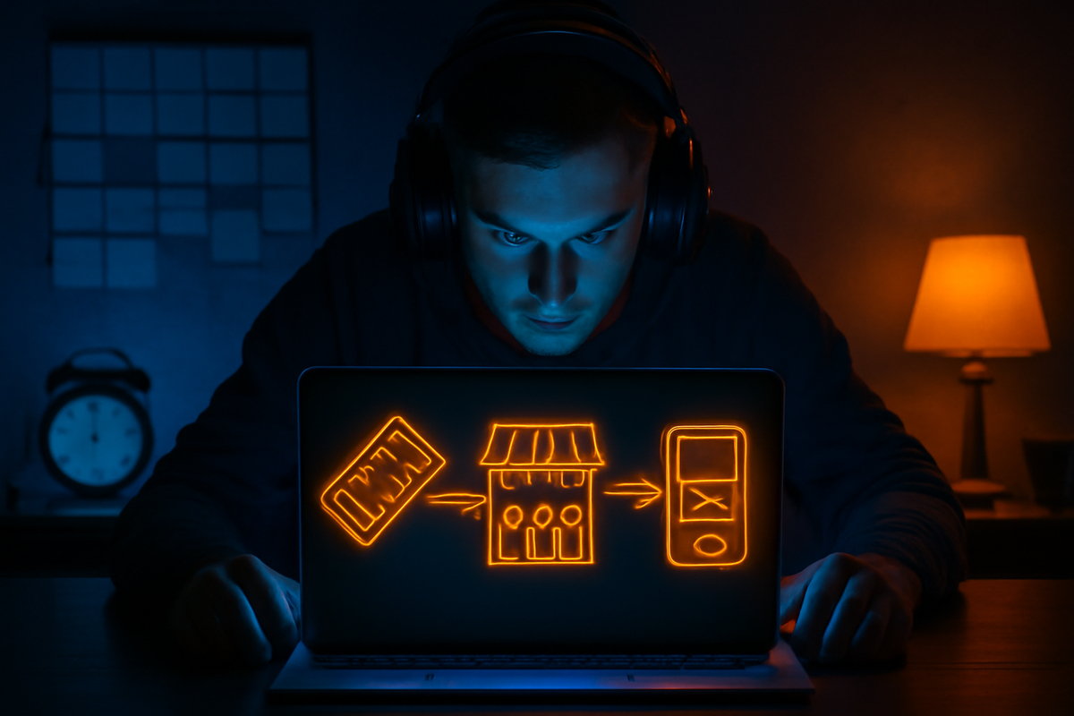 Night-owl gamer in headphones staring intensely at a dark laptop, neon orange icons on the screen showing lottery ticket → storefront → smartphone flow—obsessed, strategic energy for mastering the legit path to a fairly priced Switch2 
