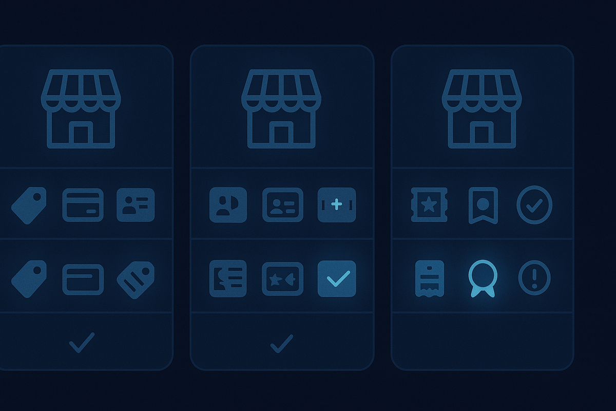 Minimalist comparison grid of three shop cards, each with storefront icon and rows of tiny symbols for price tag, credit card, ID, history, perks and warnings—cool analytical mood that instantly shows how purchase conditions differ by retailer 