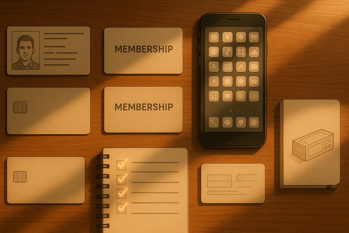 Warm sunrise flat-lay on a wooden desk: ID card, credit cards, MEMBERSHIP cards, smartphone full of apps, notebook checklist with glowing ticks, and a sketch of a console box—calm but excited feeling of being perfectly prepared before the Switch2 hunt 