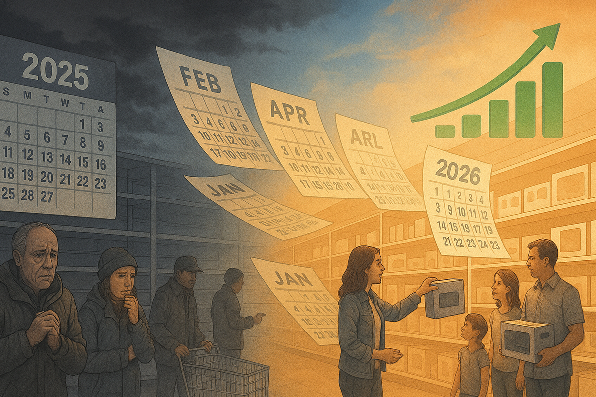 Dark 2025 calendar and worried shoppers in front of empty shelves gradually fade into bright 2026 aisles where a smiling clerk hands boxed consoles to a happy family, green stock graph climbing in the sky—emotional timeline from shortage despair to easy everyday availability 