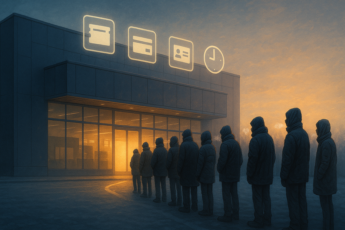 Long line of bundled-up shoppers at dawn outside a glowing electronics store, huge icons floating above the roof for box, credit card, ID and clock—cold breath, quiet tension and hope as everyone waits with the right requirements to buy a rare console in person 