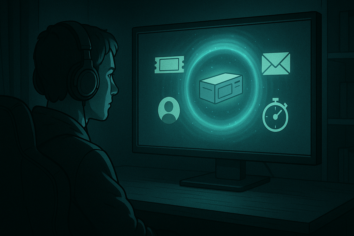 Focused gamer in headphones staring at a dark monitor, center of the screen showing a boxed console ringed by icons for lottery ticket, user profile, email and countdown timer—moody late-night energy of registering for official抽選 and invite sales without missing the tiny purchase window 