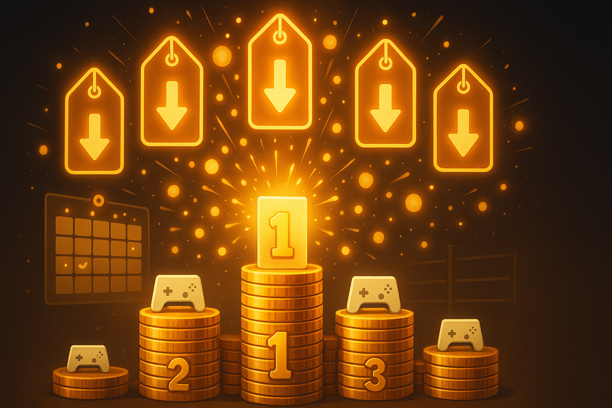 Golden coins stacked into a ranking podium with game controllers on each level, central “1” block exploding with sparkles while price-tag icons and down arrows rain from above—thrilling reveal of the No.1 lowest effective price after points, cashback and sale timing 