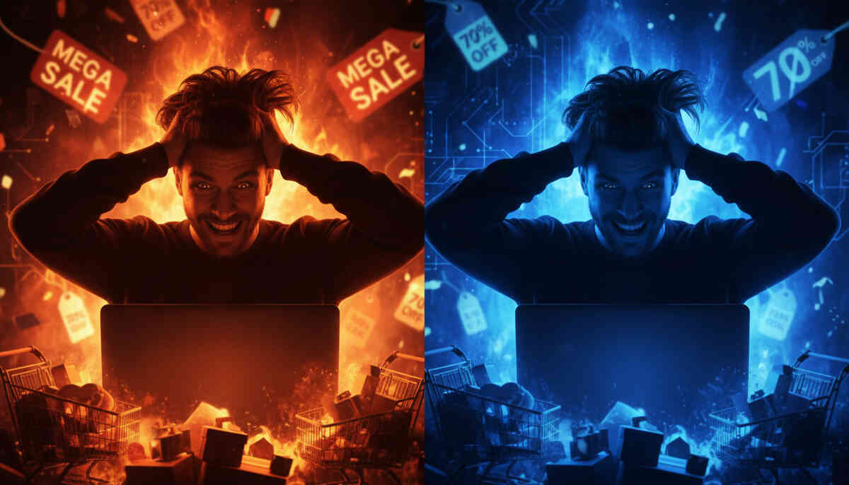 Split-screen man in front of a laptop, tearing at his hair with a wild grin—left side fiery orange “mega sale” chaos, right side icy blue 70%-off tech storm—intense Black Friday vs Prime Day dilemma, overwhelming discounts, electrifying shopping energy
