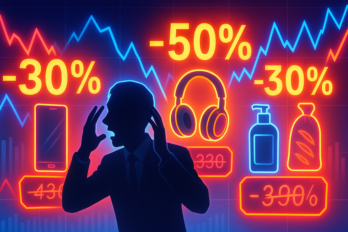 Neon-style price chart with glowing -30% and -50% symbols above icons of phone, headphones and daily goods, silhouette shopper holding their head in shock—dramatic discount comparison, volatile price drops, high-stakes savings tension