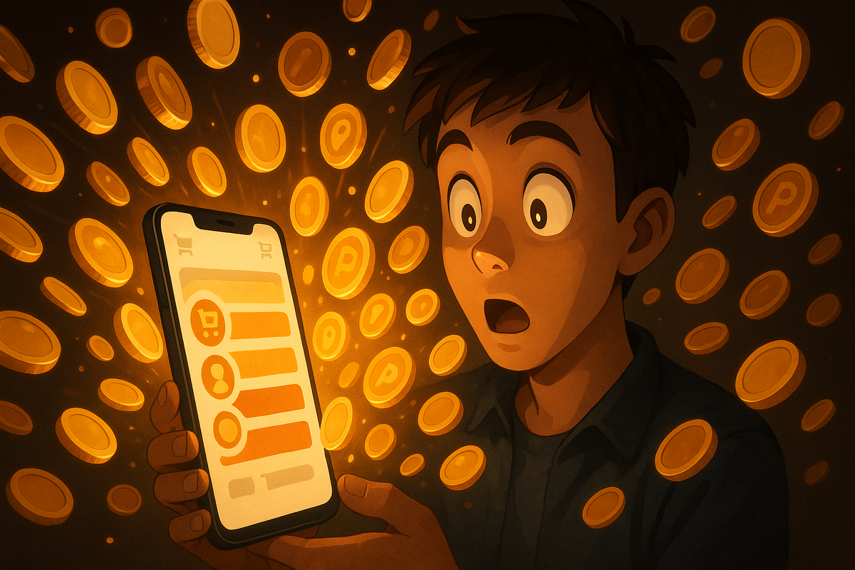 Wide-eyed person staring at a smartphone as golden point coins explode around them—joyful surprise at massive reward points, gamified savings, warm glowing feeling of winning the sale