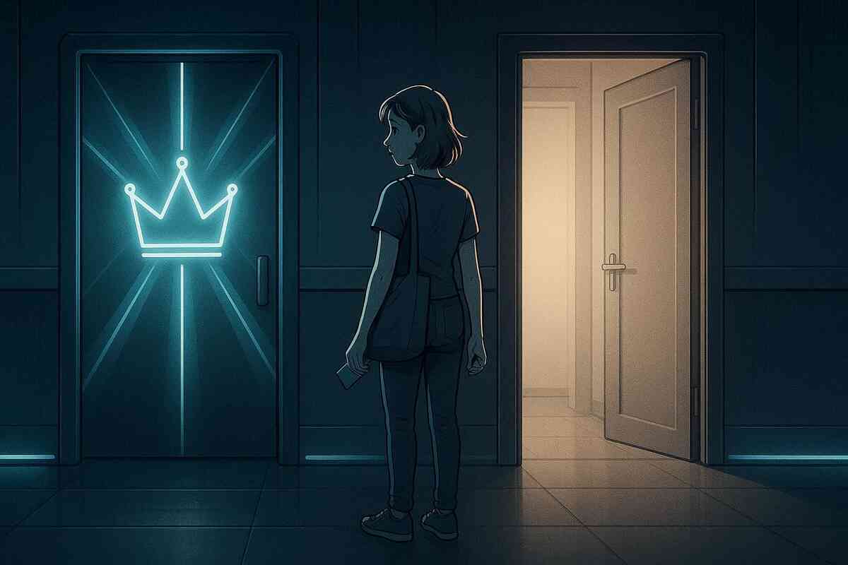 Young woman standing in a dark hallway between a glowing crown door and a softly lit open door—emotional choice between premium membership perks and regular shopping, suspenseful moment of decision before big Amazon sales