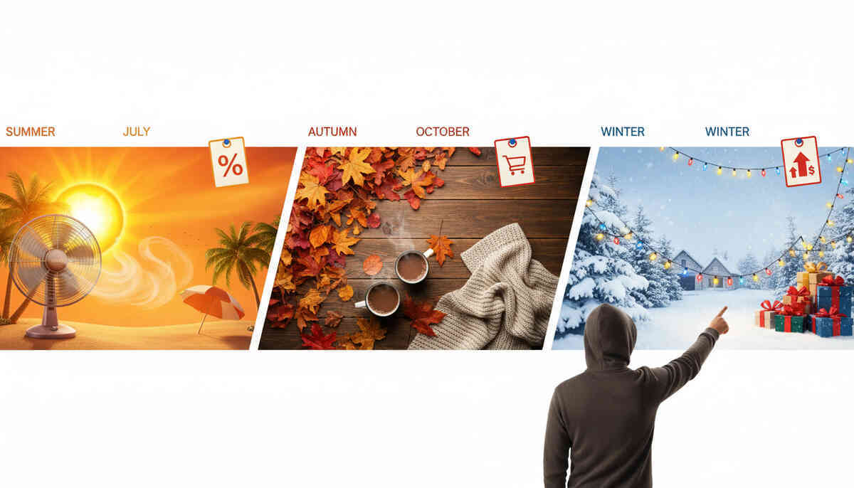 Seasonal timeline collage: blazing summer beach with a fan, cozy autumn leaves and coffee, snowy winter village with gifts as a hooded shopper points ahead—visual guide to when to buy during July, October and holiday sales, strategic yet dreamy shopping journey