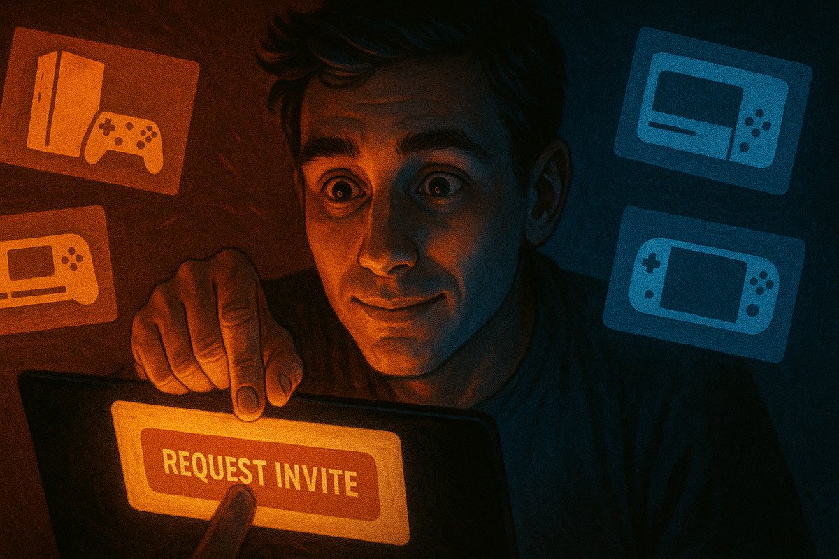 Excited gamer at night pressing a glowing “request invite” button on a tablet, surrounded by soft console icons—hopeful, slightly nervous energy of applying for a Switch2 invitation sale at list price