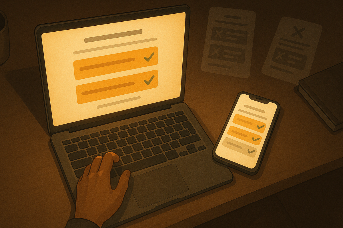Warm desk scene with laptop and smartphone both showing application forms filled in with bold checkmarks—quiet late-night focus, relief of submitting perfect entries for multiple Switch2 lotteries and invitations