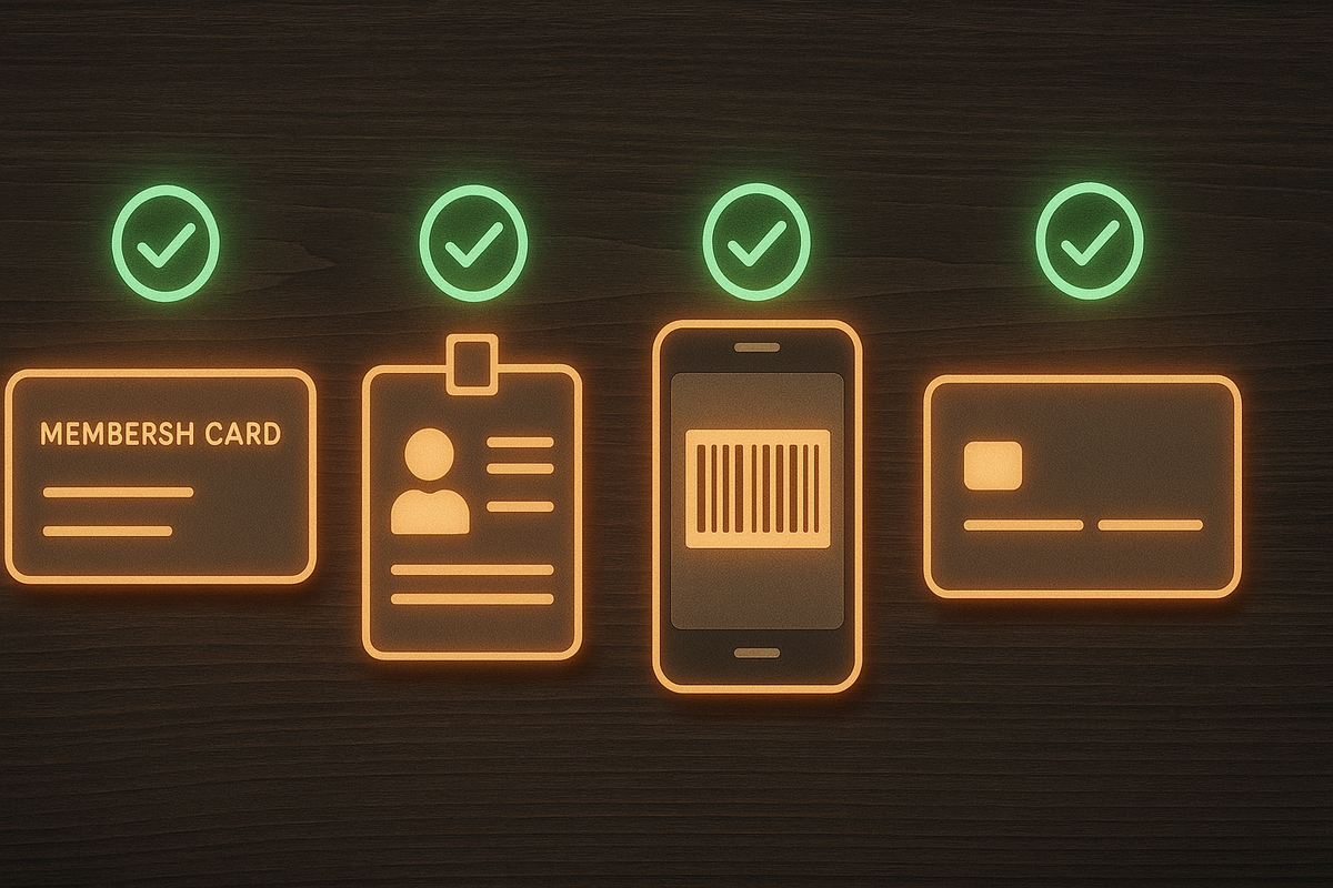 Neon-style icons of membership card, ID badge, smartphone barcode and credit card glowing in a row with green check circles above—simple visual checklist of must-have documents for buying a Switch2 in-store, calm but urgent readiness