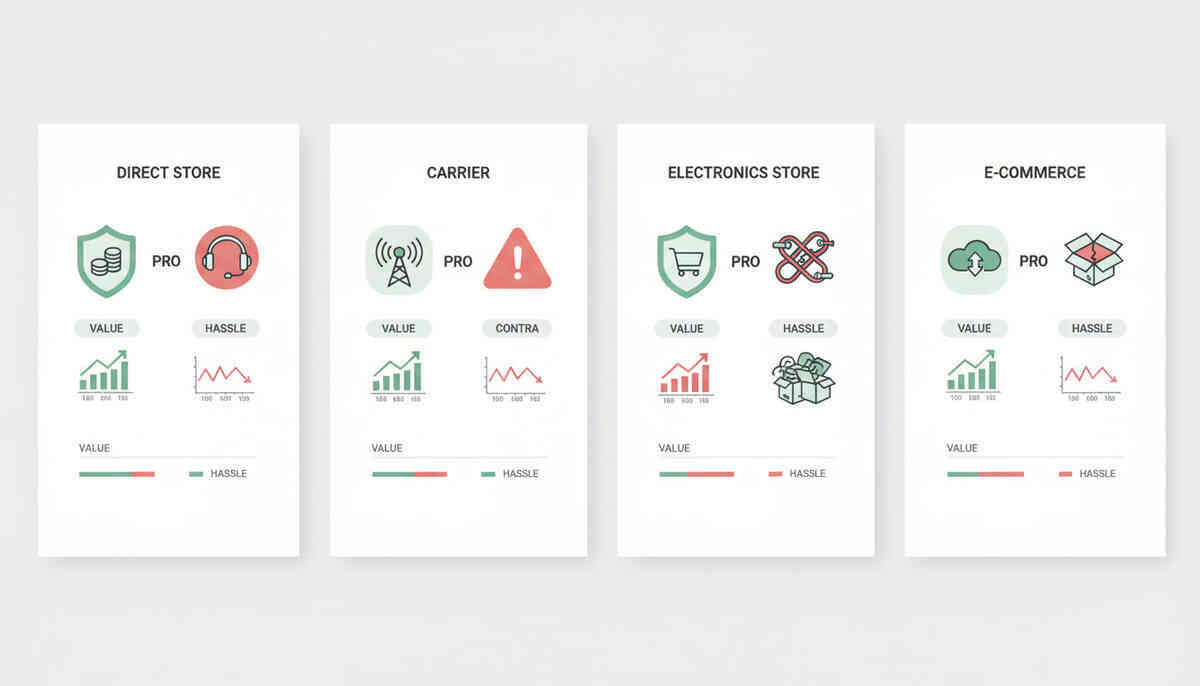 Four clean comparison panels side by side—direct store, carrier, electronics shop, e-commerce—each with value and hassle graphs and pro/con icons—objective yet emotional overview for choosing the smartest Switch2 purchase route