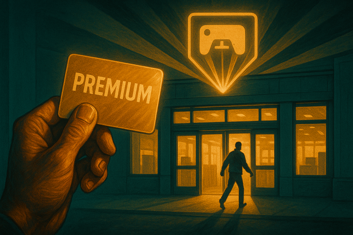 Hand holding a glowing premium-style card in front of a warmly lit store entrance, console icon shining like a beacon above the doors—emotional moment of realizing membership power can unlock Switch2 stock others can’t reach