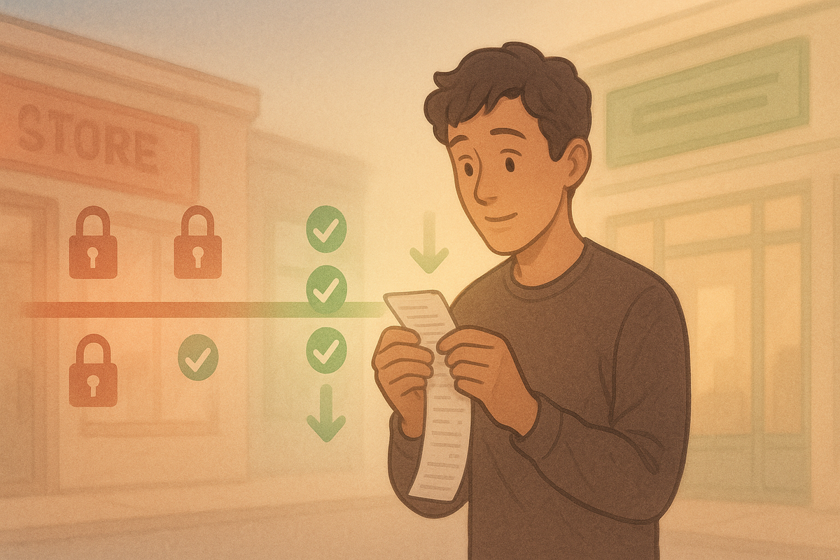 Relieved shopper reading a long checklist while red padlock icons fade into green checkmarks—conditions getting lighter, barriers dropping away, gentle sunrise mood of “finally I meet all the rules” for an in-store Switch2 purchase
