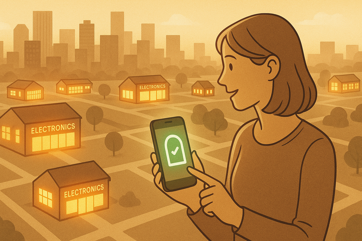 Smiling woman tapping a green checkmark on her smartphone while multiple ELECTRONICS stores glow across a city map—joyful feeling of finding the best branch with stock today using smart location and app strategy