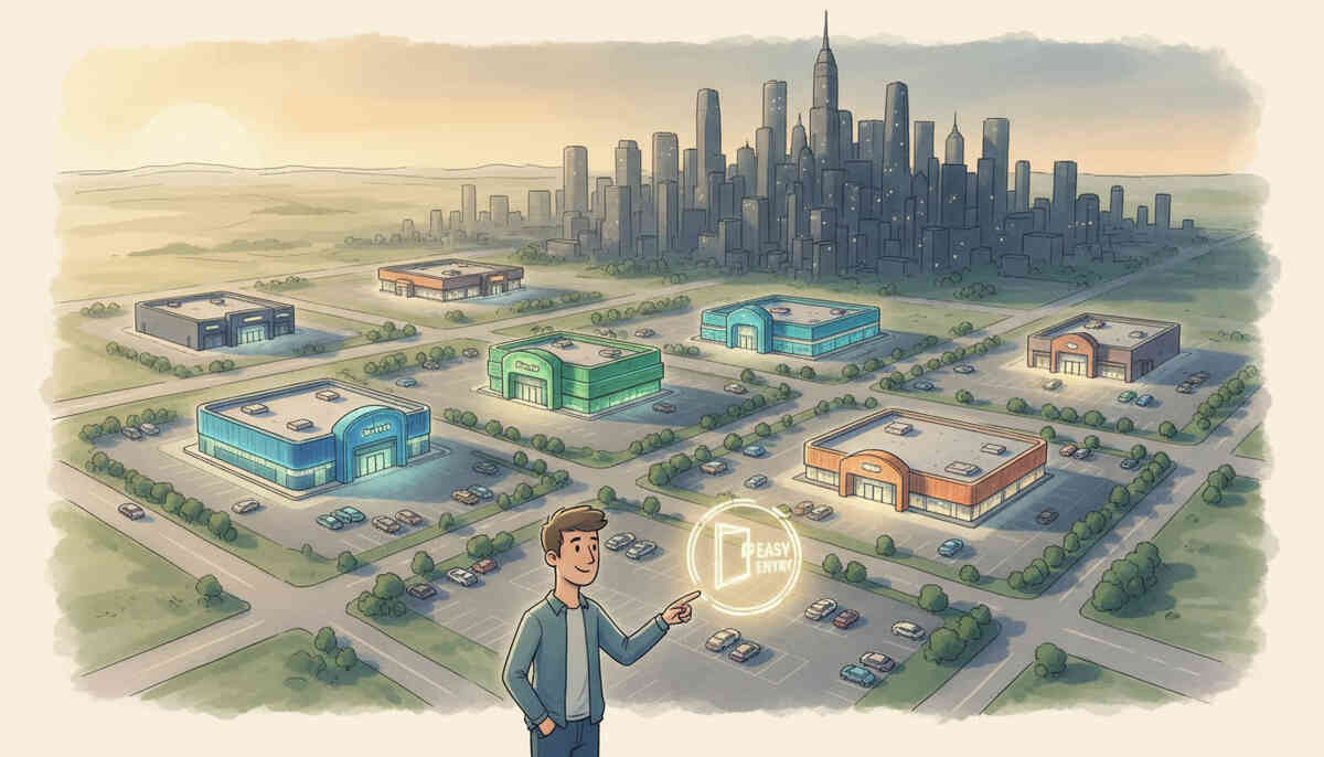 Wide suburban view of several big-box stores on the edge of a distant skyscraper city, lone shopper tapping a floating “easy entry” icon above one building—calm sunrise, strategic choice of a low-competition store to secure a next-gen console