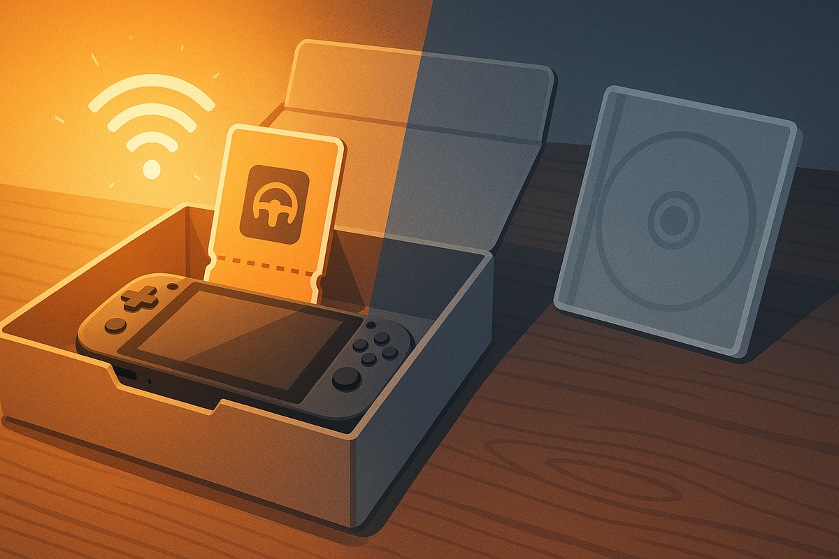 Open Switch2 box on a wooden desk, half bathed in warm light—digital Mario Kart download ticket and Wi-Fi icon shining, physical game case faded in the shadows—emotional contrast between instant-play DL version convenience and old-school package nostalgia