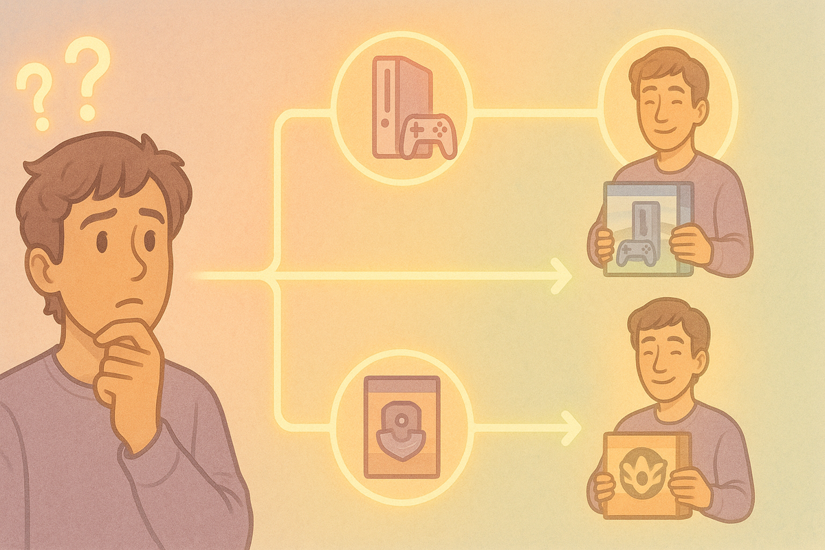 Confused buyer clutching his chin, flowchart lines branching from his head toward two future selves—one happily holding a plain console box, the other hugging a colorful game bundle—friendly decision map for which Switch2 set really fits your playstyle