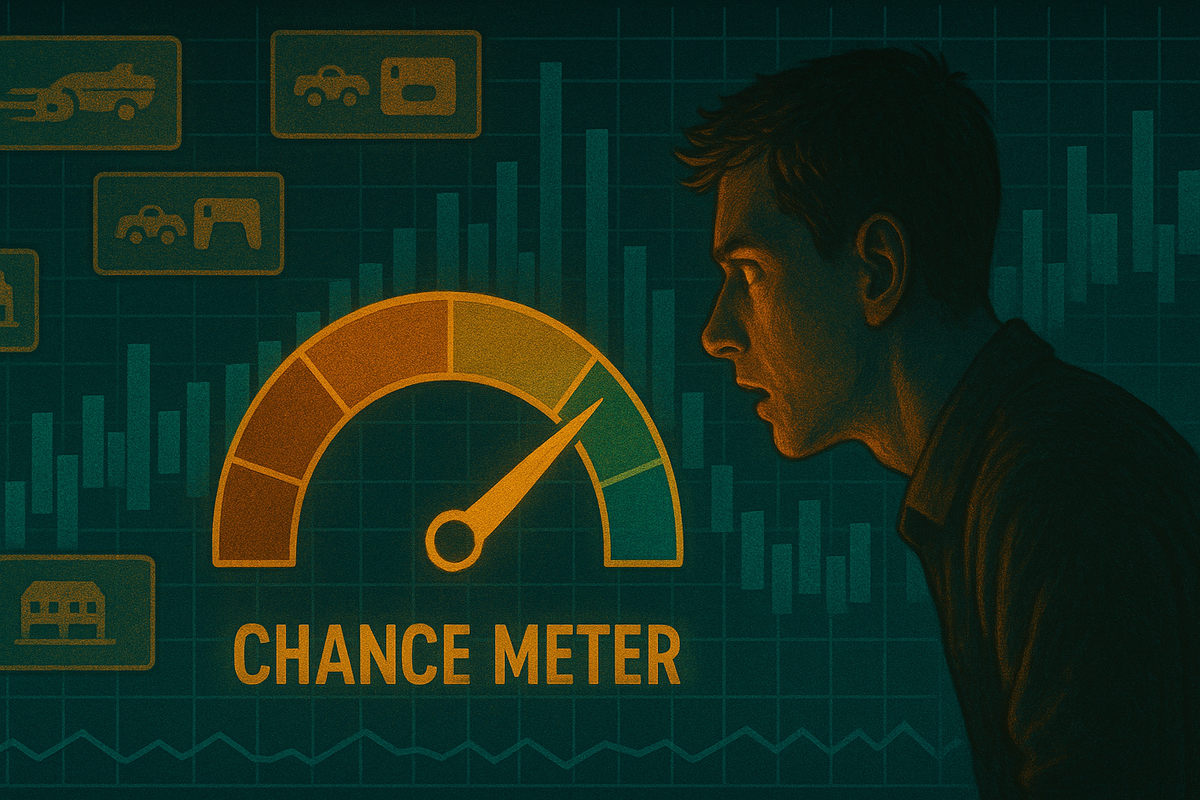 Intense player staring at a huge “chance meter” gauge over trading charts and tiny console icons—the needle pushing into hopeful green while data bars glow behind—thrilling visualization of lottery odds, bundle vs regular edition win probability, heartbeat tension