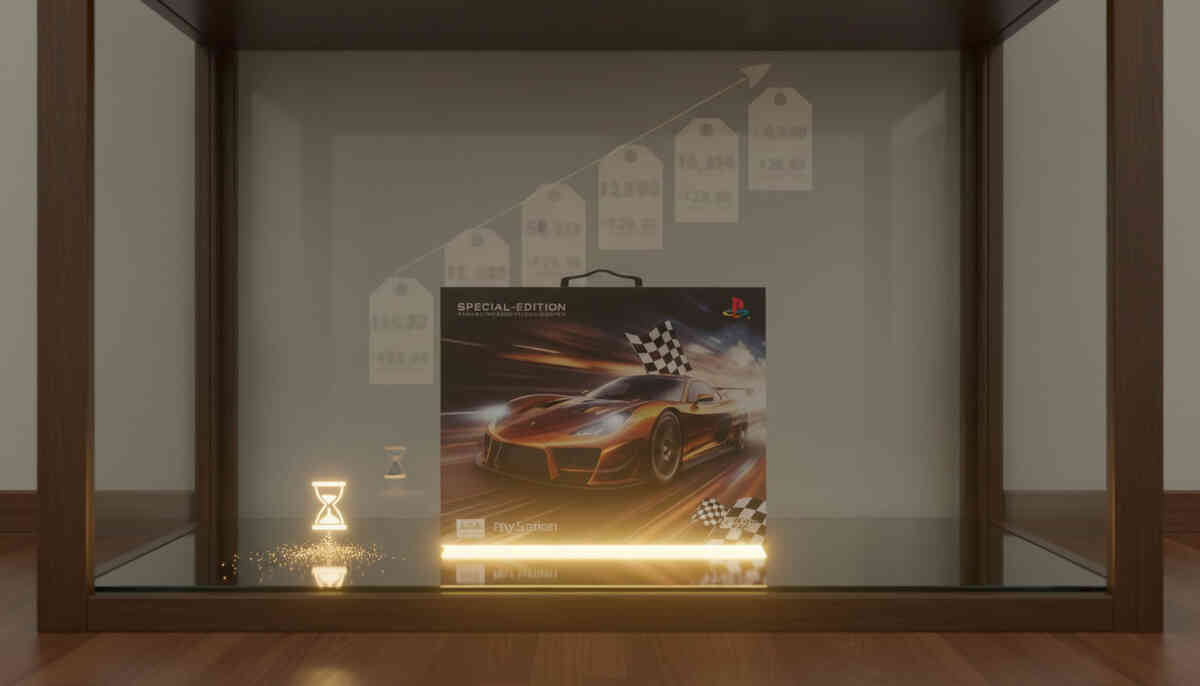 Glass display shelf in a calm room—special-edition racing console box glowing like treasure, tiny hourglasses and rising price tags fading into the background—emotional hint of limited production, future premium value, and collector’s sweet but risky temptation