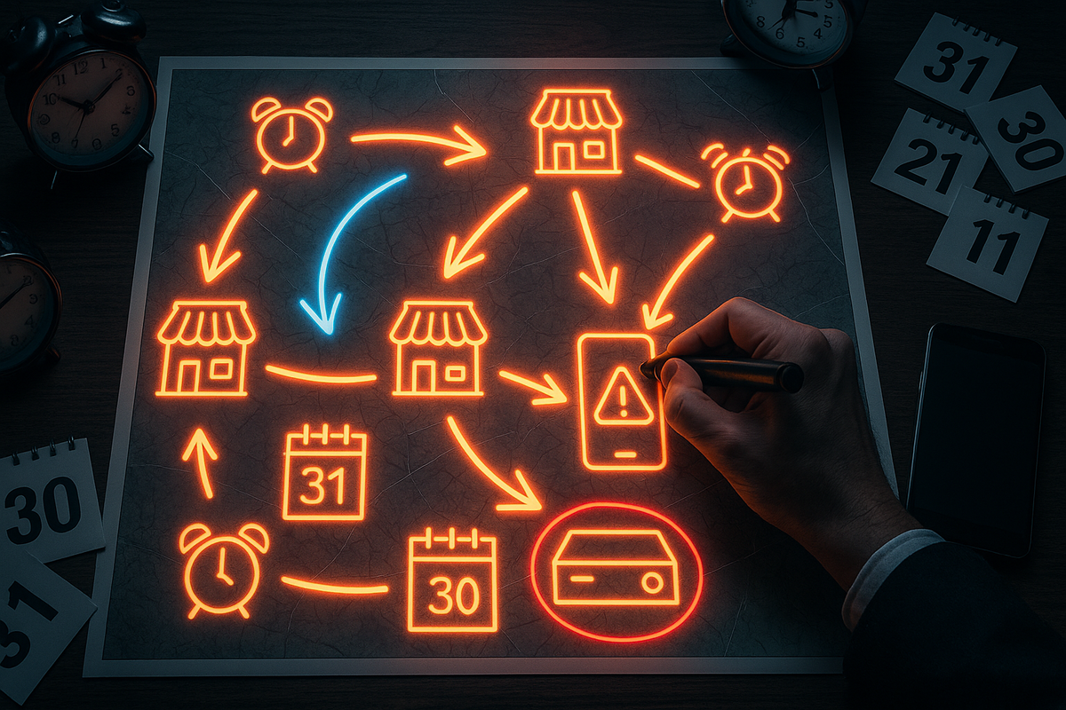 Neon strategy map on a desk—glowing arrows between clocks, store icons, calendars, and a warning smartphone, hand drawing the final route to a circled console—intense war-room energy, tactical planning, and determination to beat the Black Friday chaos