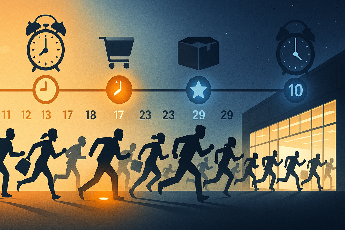 Cinematic timeline from sunrise to night with clocks, cart and box icons above running silhouettes racing toward a bright store entrance—urgent countdown mood, best-day markers, and adrenaline-charged Black Friday shopping sprint